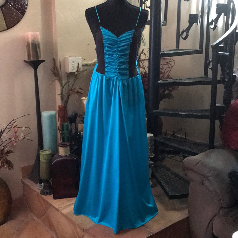 80s Turquoise Blue Sexy Long Maxi Nightgown Full Slip Dress Chemise Lingerie